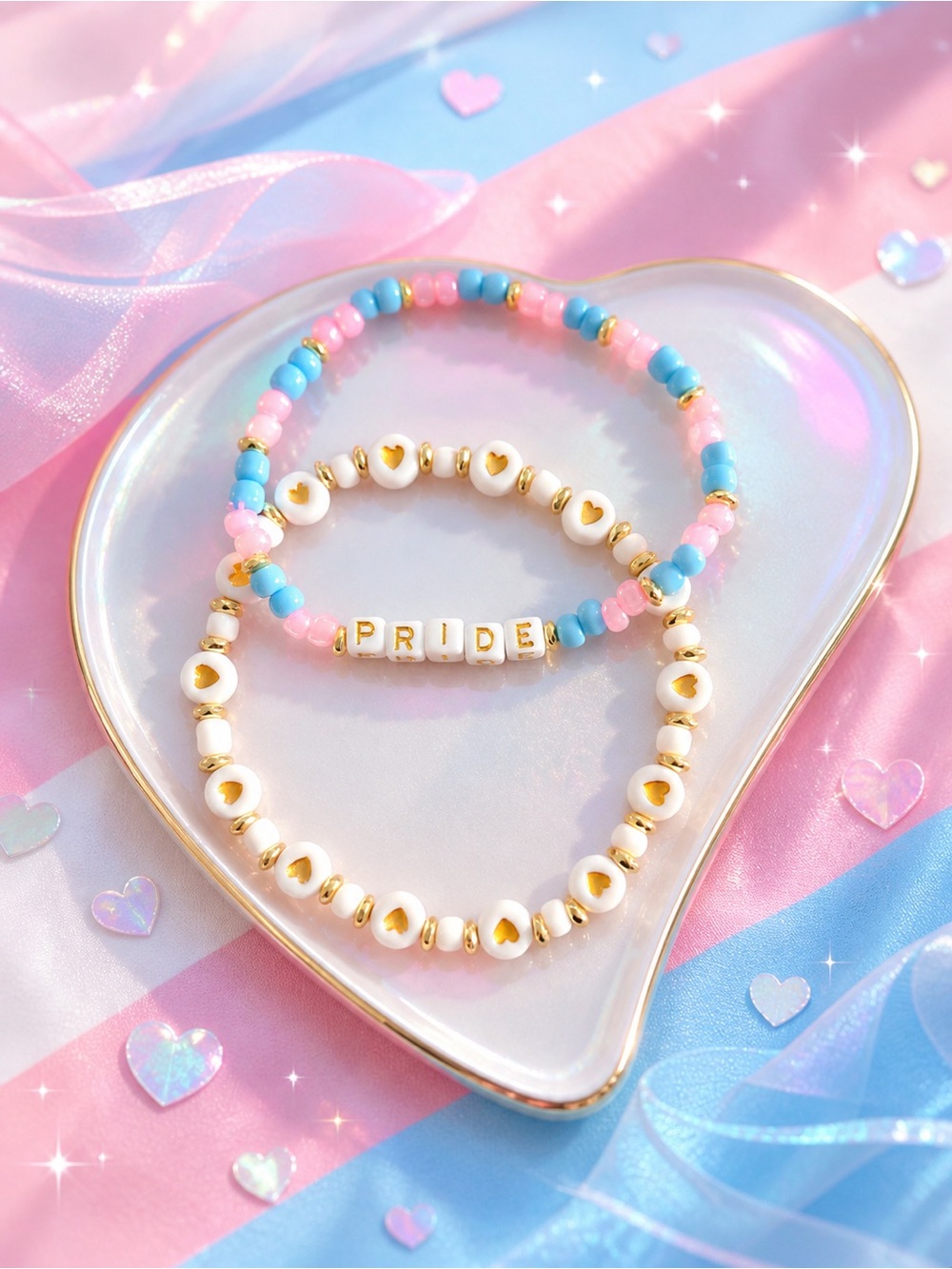 Trans Pride Handmade Bracelet Set | Pink Blue White Heart Beaded Bracelets 8”